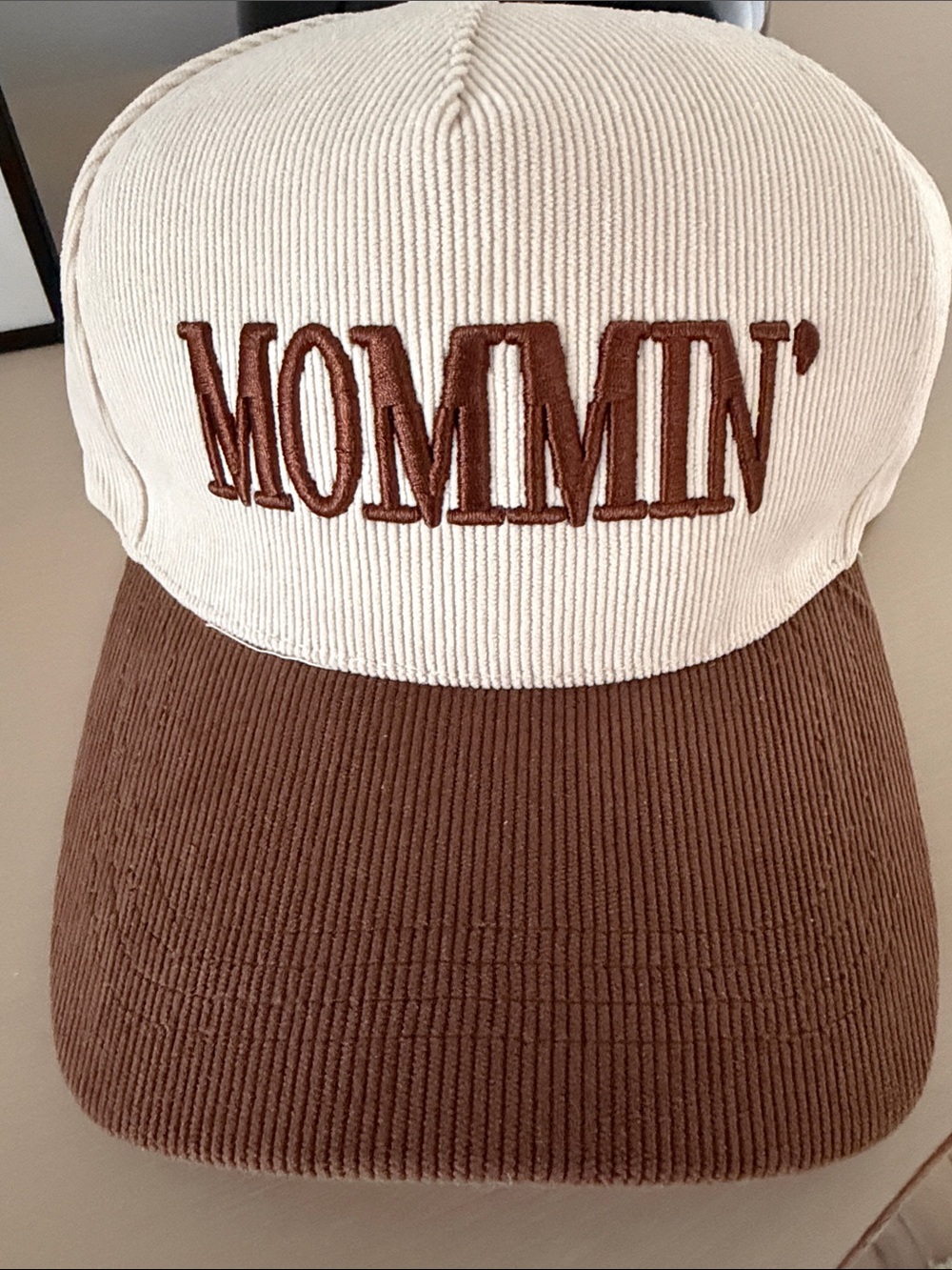 Cream and Brown 'Mommin'' Corduroy Trucker Hat